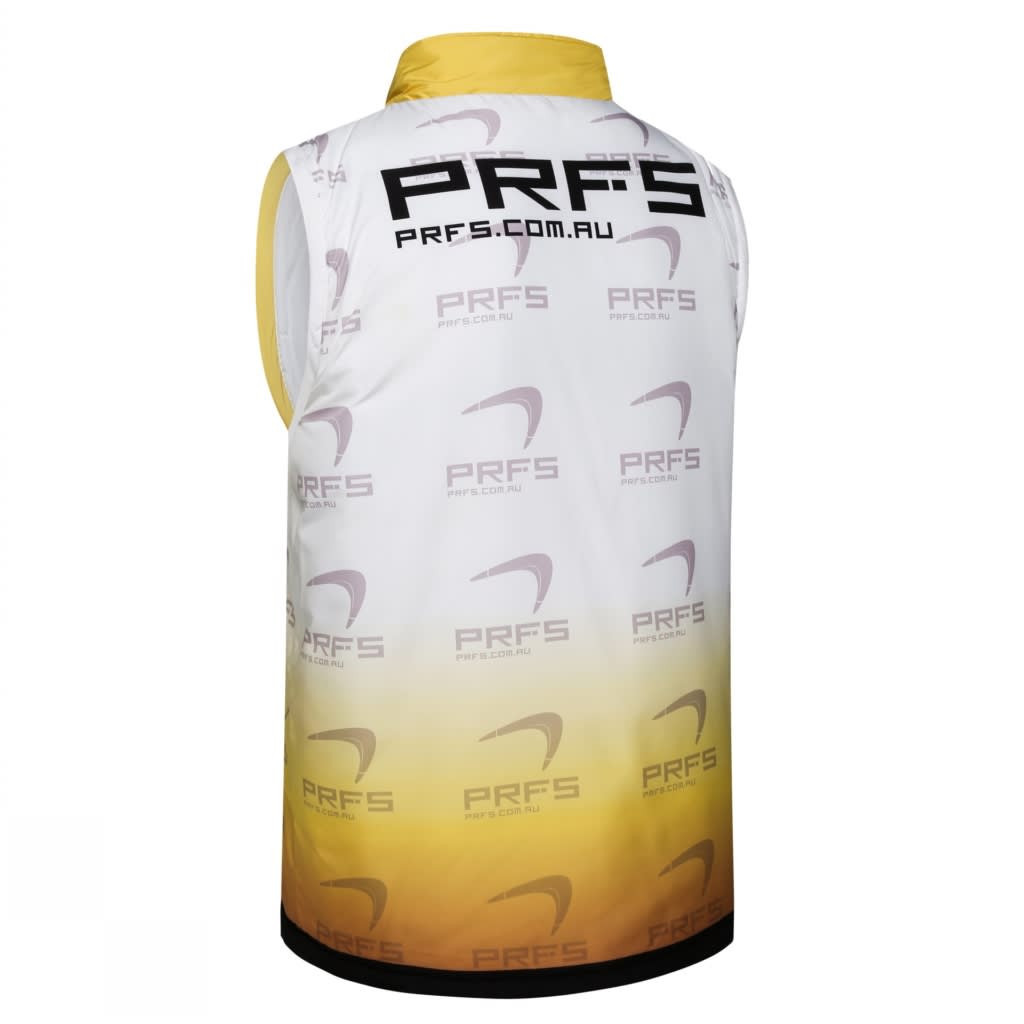 A sleeveless coat with a gradient yellow and white design, featuring a logo on the back.