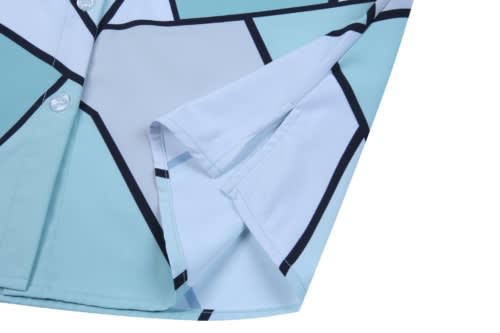 A light blue shirt featuring geometric patterns with black outlines and a button placket. It has a logo on the fabric.