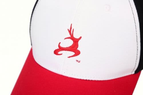 A sport cap featuring a red and white design, with a logo on the front.