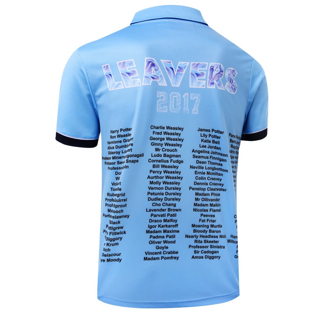 A blue polo shirt with a black collar and a list of names printed on the back, featuring a logo.