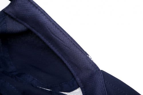 A navy blue sport mesh running cap featuring a breathable interior and a logo.