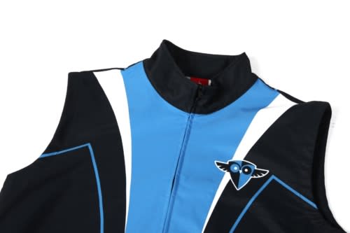 A blue and black soft shell waistcoat featuring a logo on the chest and a high collar.
