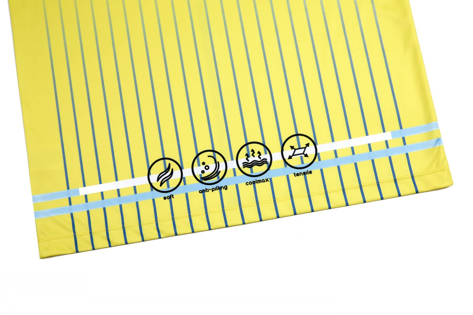 A bright yellow handball jersey with blue stripes and a logo at the bottom.
