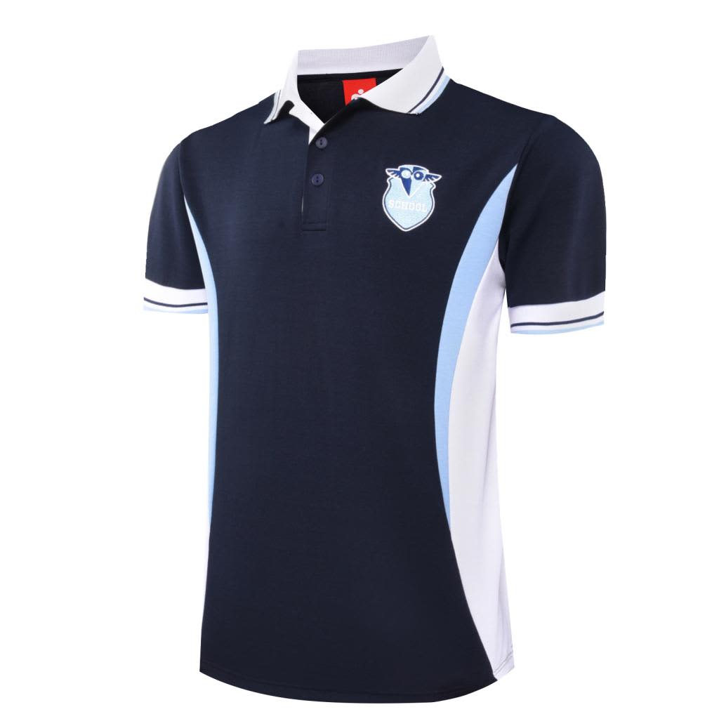 A navy and white sublimated cotton shirt with a logo on the chest and contrast stripes.