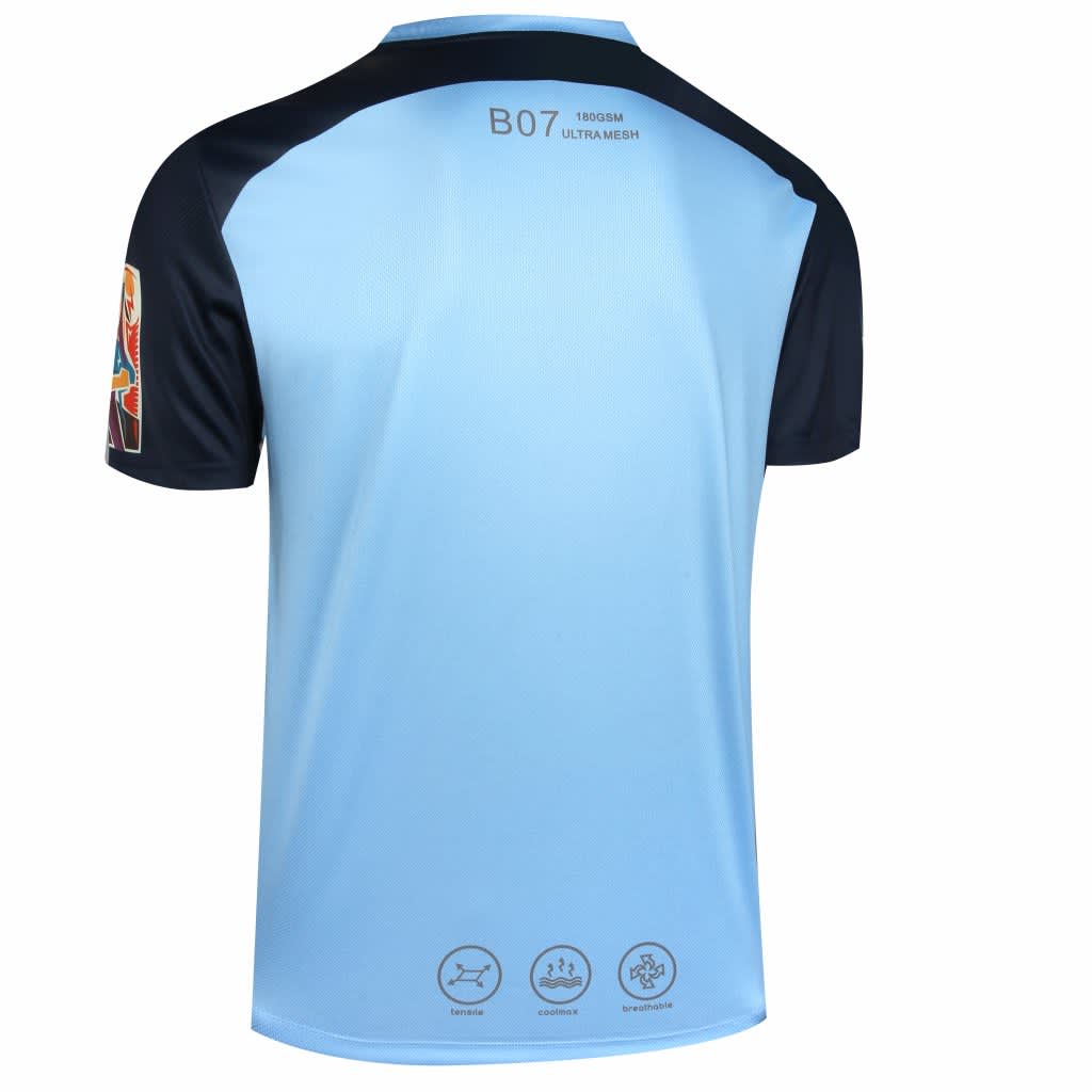 A blue and black softball team wear t-shirt featuring a logo on the sleeve.