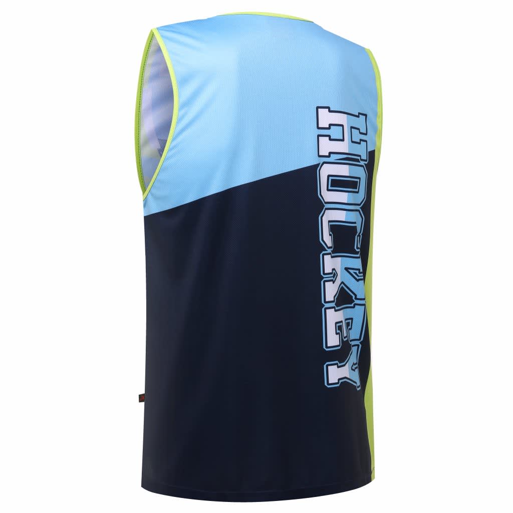 A sleeveless hockey training shirt in blue and navy, featuring large text on the back and a logo.