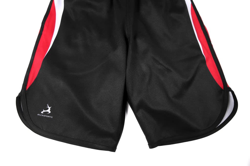 Woven long shorts in black with red and white accents; features a small logo on the side.