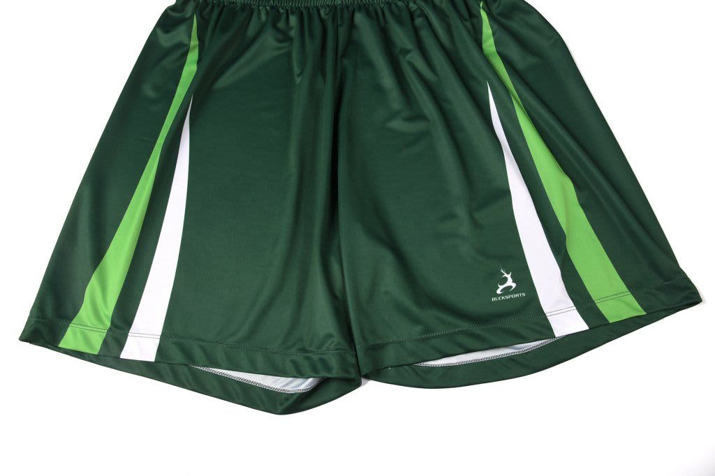 Green shorts featuring white and light green stripes, with a logo on the lower left side.