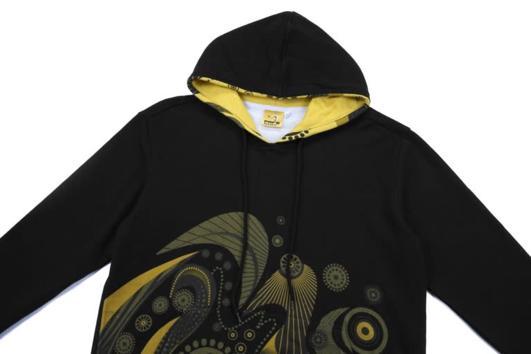 A black cotton sublimation hoodie with yellow lining and a vibrant graphic design on the front.