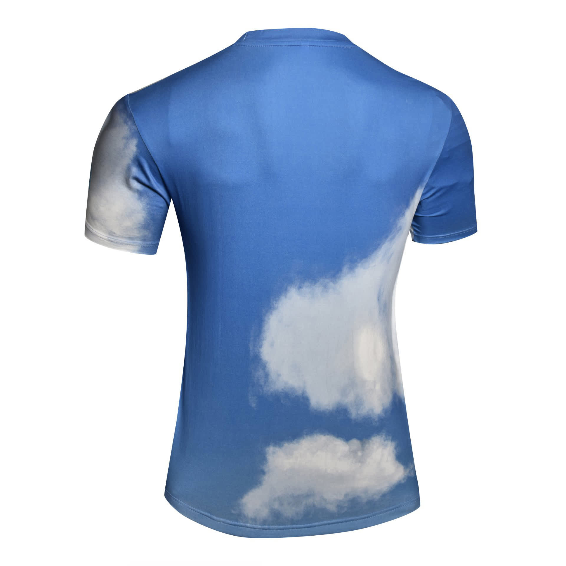 A blue cotton tee featuring a cloud design on the back, with a logo present.