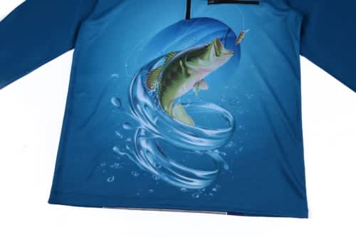 A blue long-sleeve jersey features a fish design with water splashes, along with a logo.