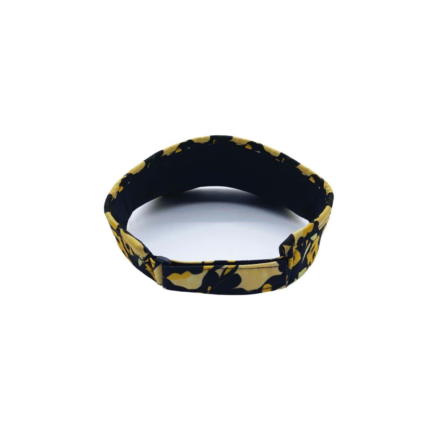 A yellow and black camouflage cap featuring a logo, designed for sports and casual wear.