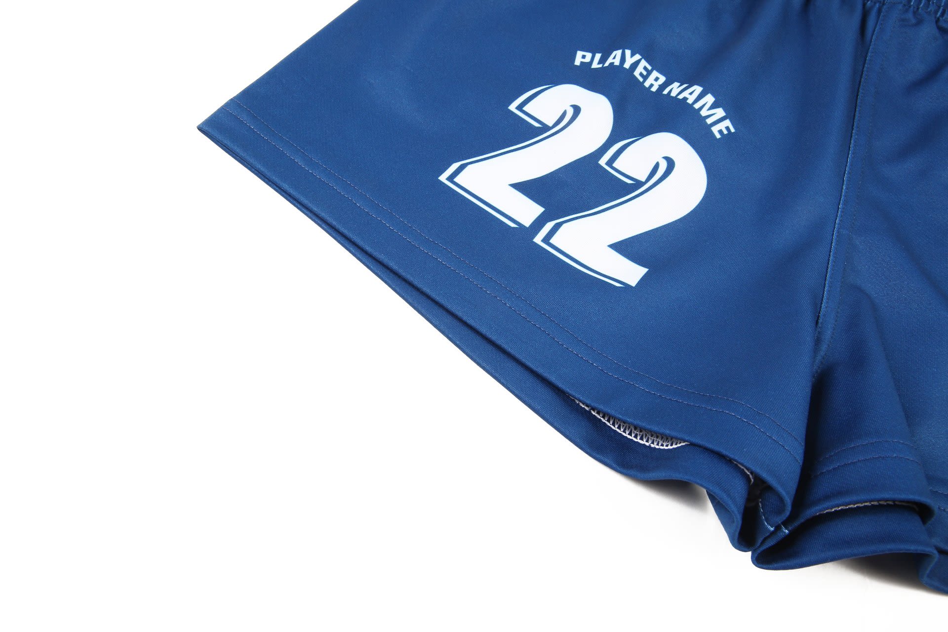 A pair of navy women's AFL shorts featuring a number and a logo, with a comfortable elastic waistband.