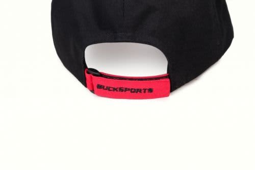 A black cap with a red adjustable strap featuring a logo on the back.