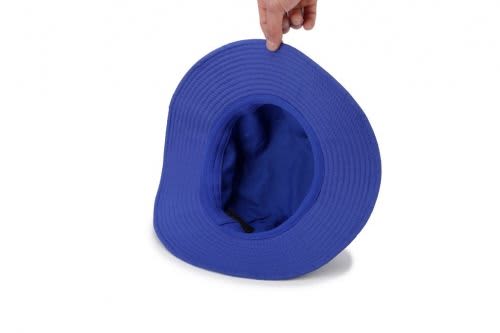 A wide-brim hat in bright blue, held by a hand, showcasing its interior. Features a logo inside.