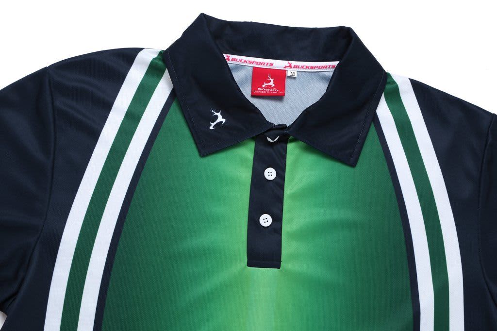 A polo shirt featuring a green and black design with white stripes and a collar. It includes a logo on the front.