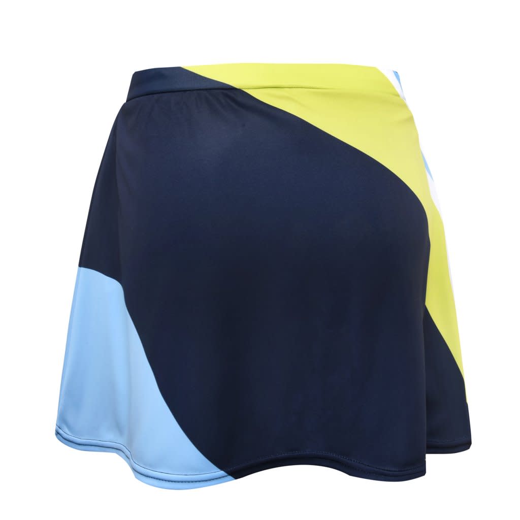 A skort featuring a design with navy, light blue, and vibrant yellow colours. It has a logo on the fabric.