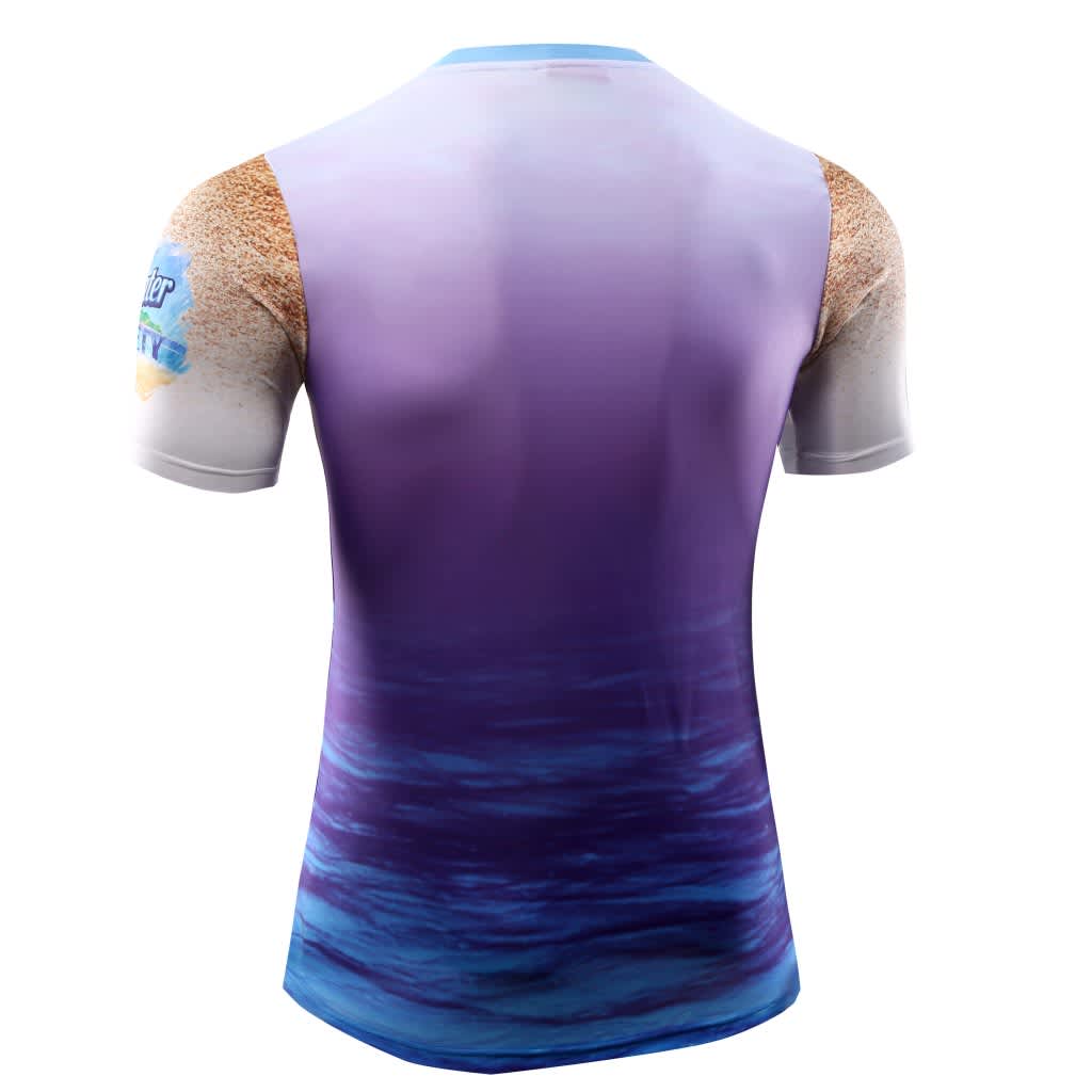 A vibrant short-sleeve tee featuring a gradient of purple and blue with beach-themed elements and a logo.