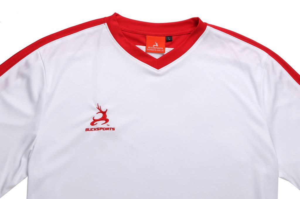 A white sports shirt with red sleeves and a logo on the chest, featuring a V-neck design.
