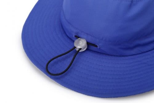 A blue wide-brim hat featuring a drawstring and an adjustable toggle. It has a smooth, structured design.