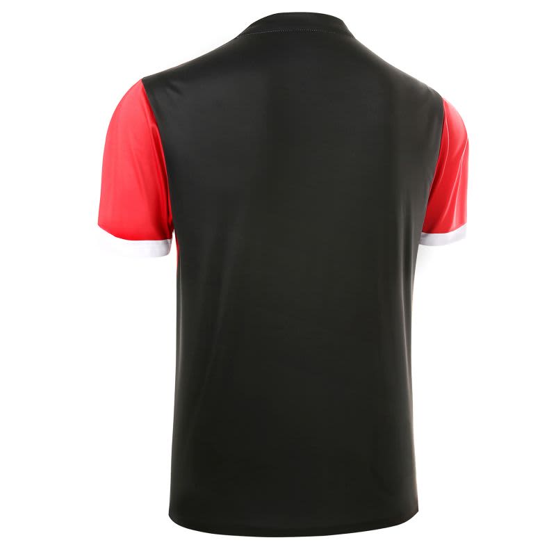 A short-sleeved T-shirt with a black body and red sleeves, featuring a logo on the back.