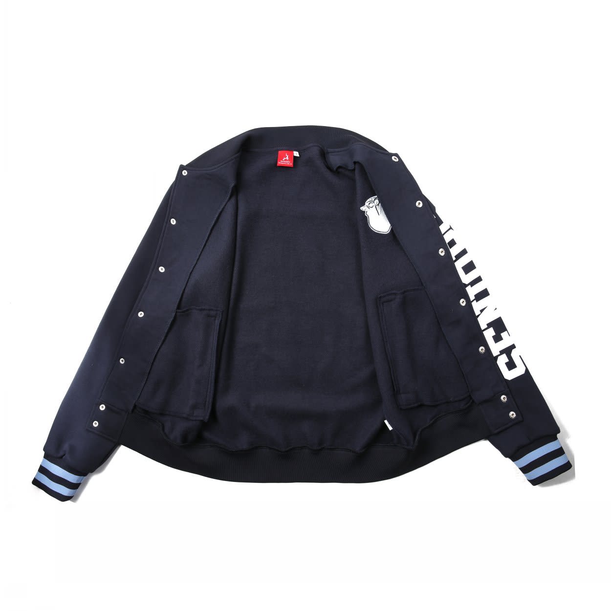 A navy baseball jacket with blue stripes and a logo on the sleeve, featuring a plain interior and pockets.
