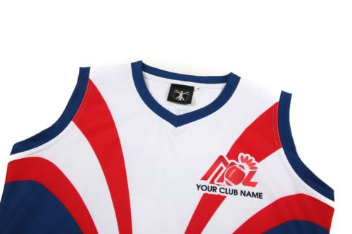 A red, white, and blue sports jersey featuring a logo and vibrant design elements.