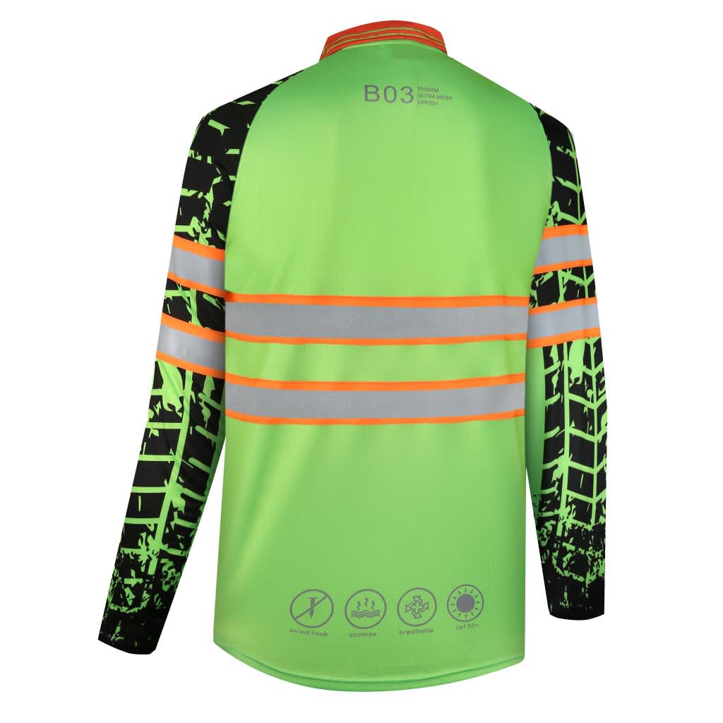 A long-sleeved, high-visibility shirt in bright green with black and orange reflective tape accents.