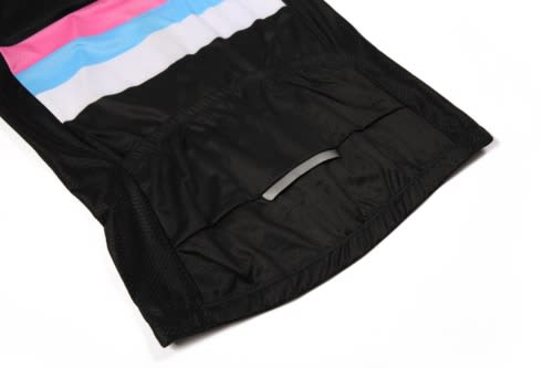 A black cycling jersey featuring horizontal stripes in pink, blue, and white, with a pocket at the back.