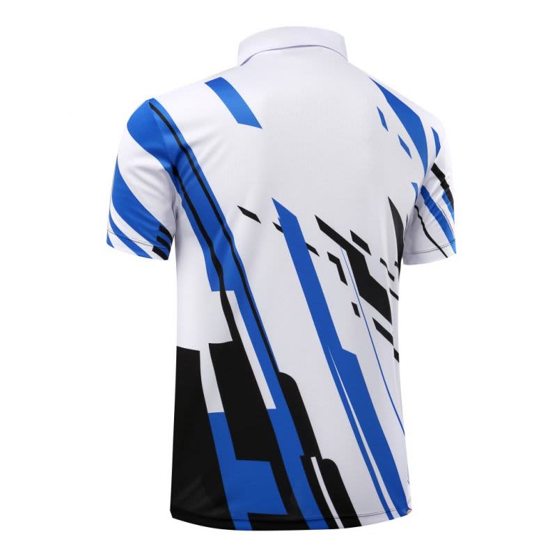 A school polo shirt featuring a blue and black geometric design on a white background. It has a collar and short sleeves.