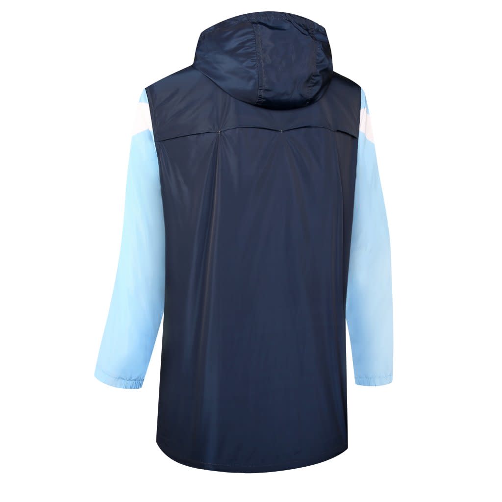 A navy and light blue jacket with a hood, featuring a branded logo and long sleeves.