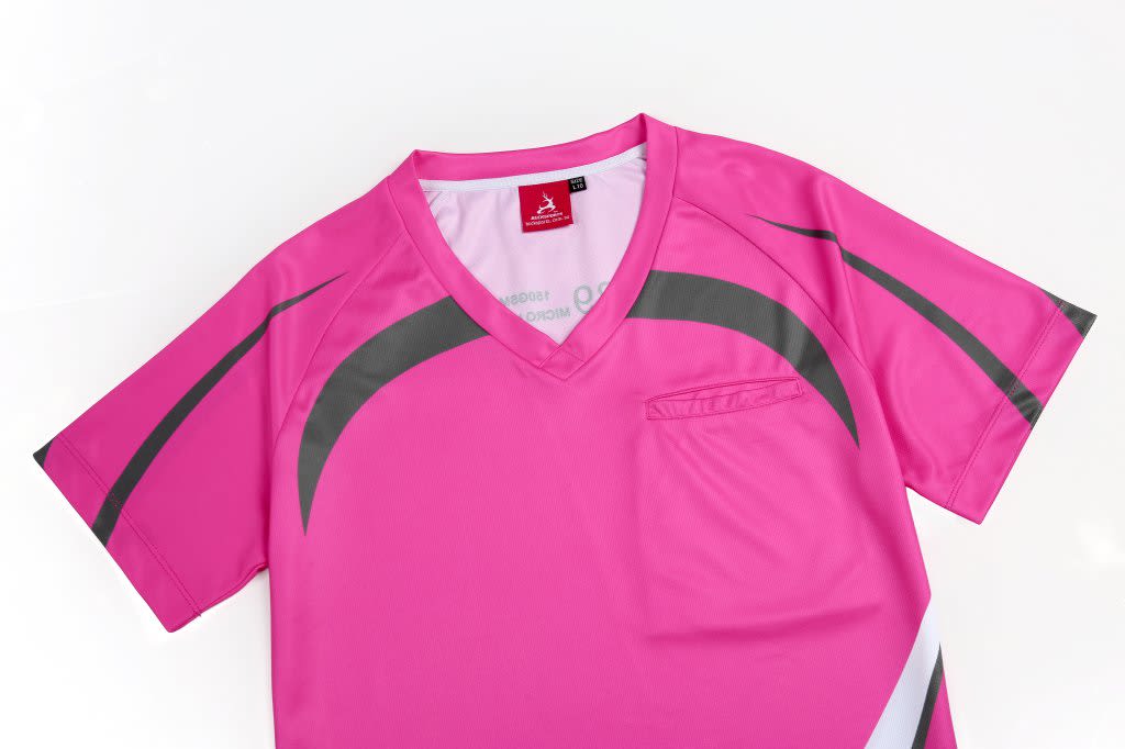 A bright pink custom lady T-shirt with grey accents and a logo on the chest area.