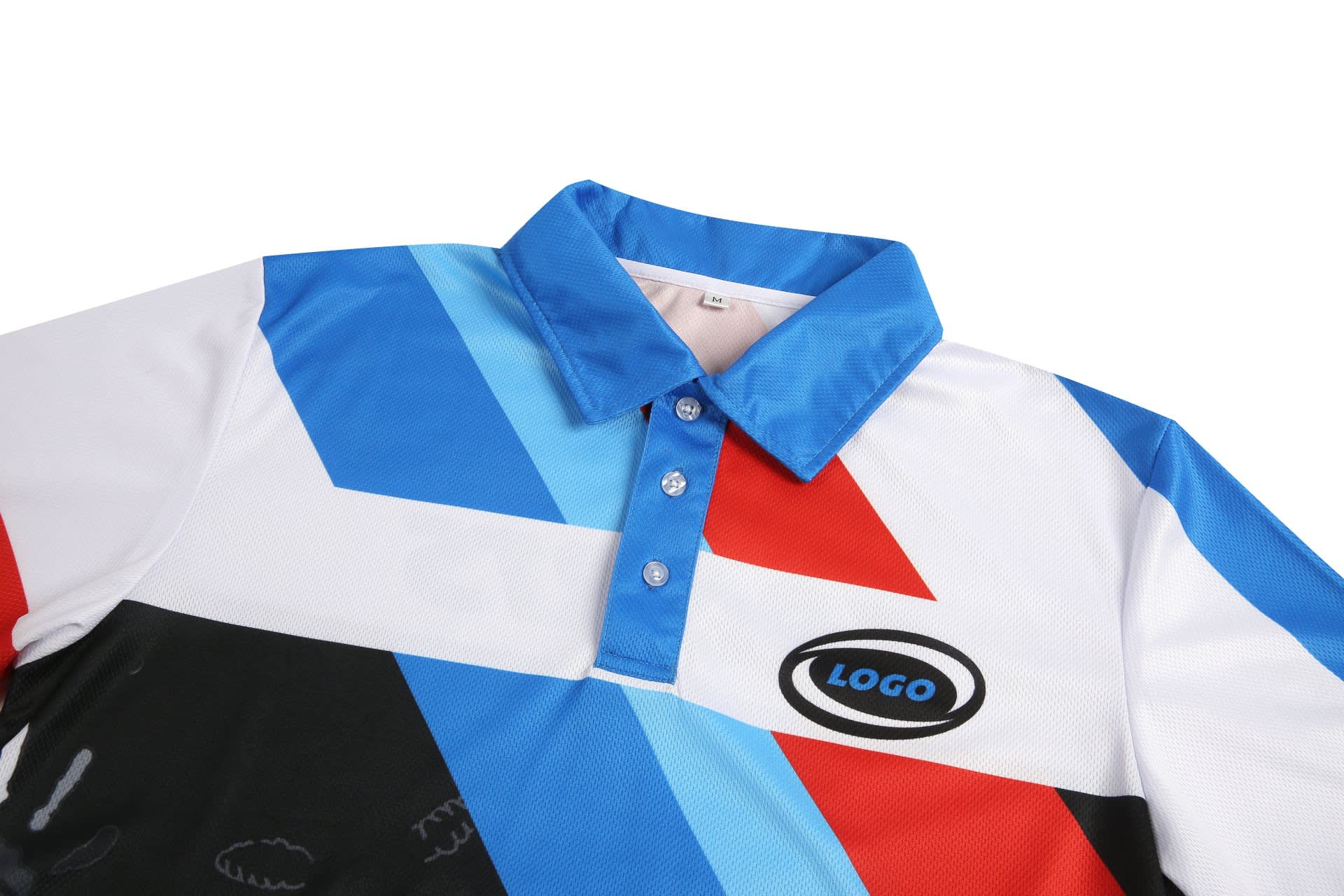 A polo shirt featuring a vibrant design with blue, red, black, and white colours, and a logo on the front.