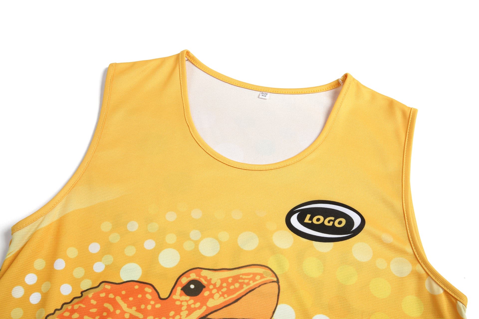 A yellow singlet featuring a detailed design of a frog and a logo.