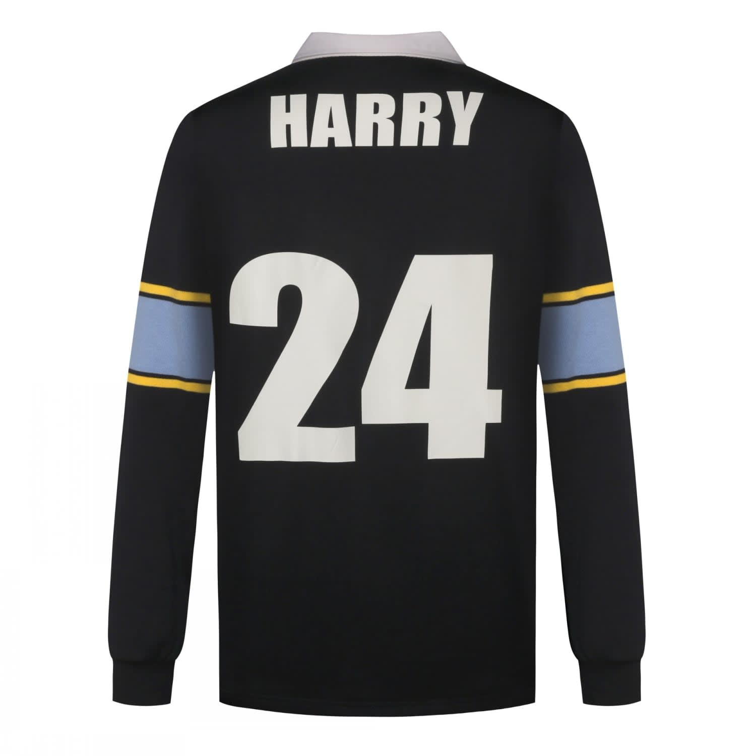 A black sports jumper with long sleeves, featuring a collar, a blue and yellow stripe, and a large number "24".