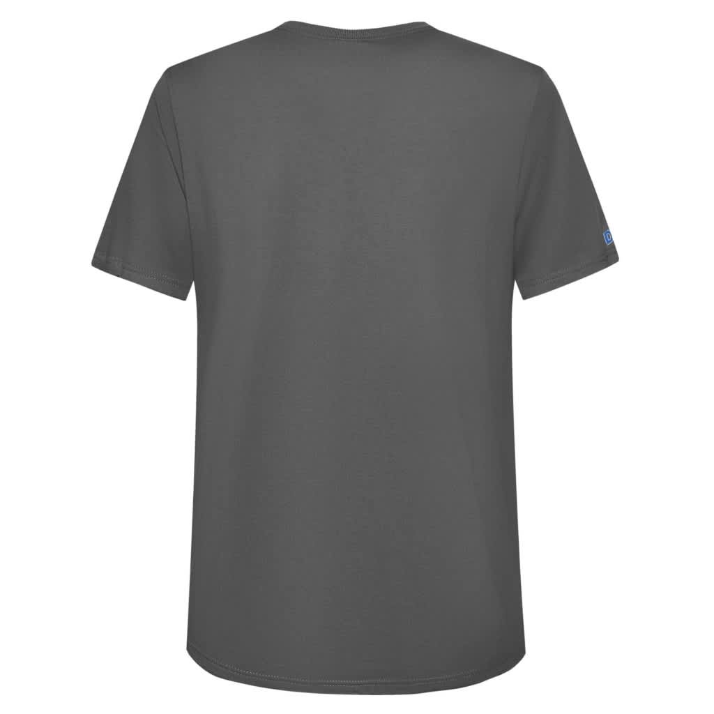 A grey cotton t-shirt featuring a plain back with short sleeves and a small logo on the side seam.
