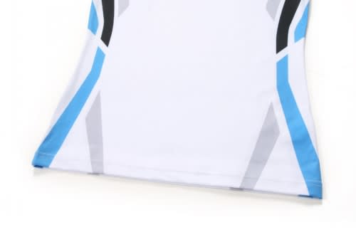 A sports dress in white with blue and grey accents, featuring a logo.
