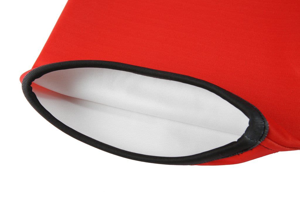 A red rugby tee with a standard fit, featuring a black hem and a white interior lining.