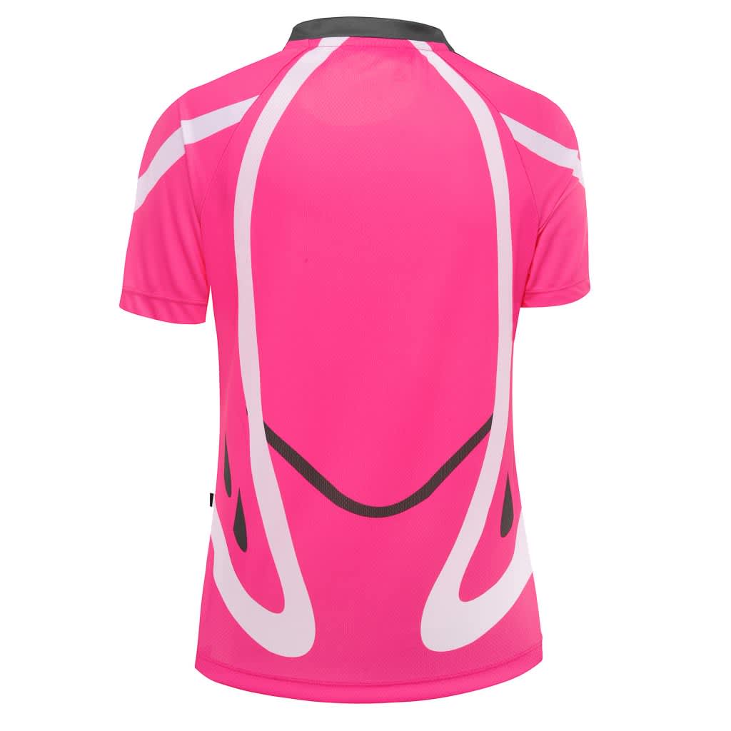A pink women's t-shirt featuring white and black design elements and a logo on the back.