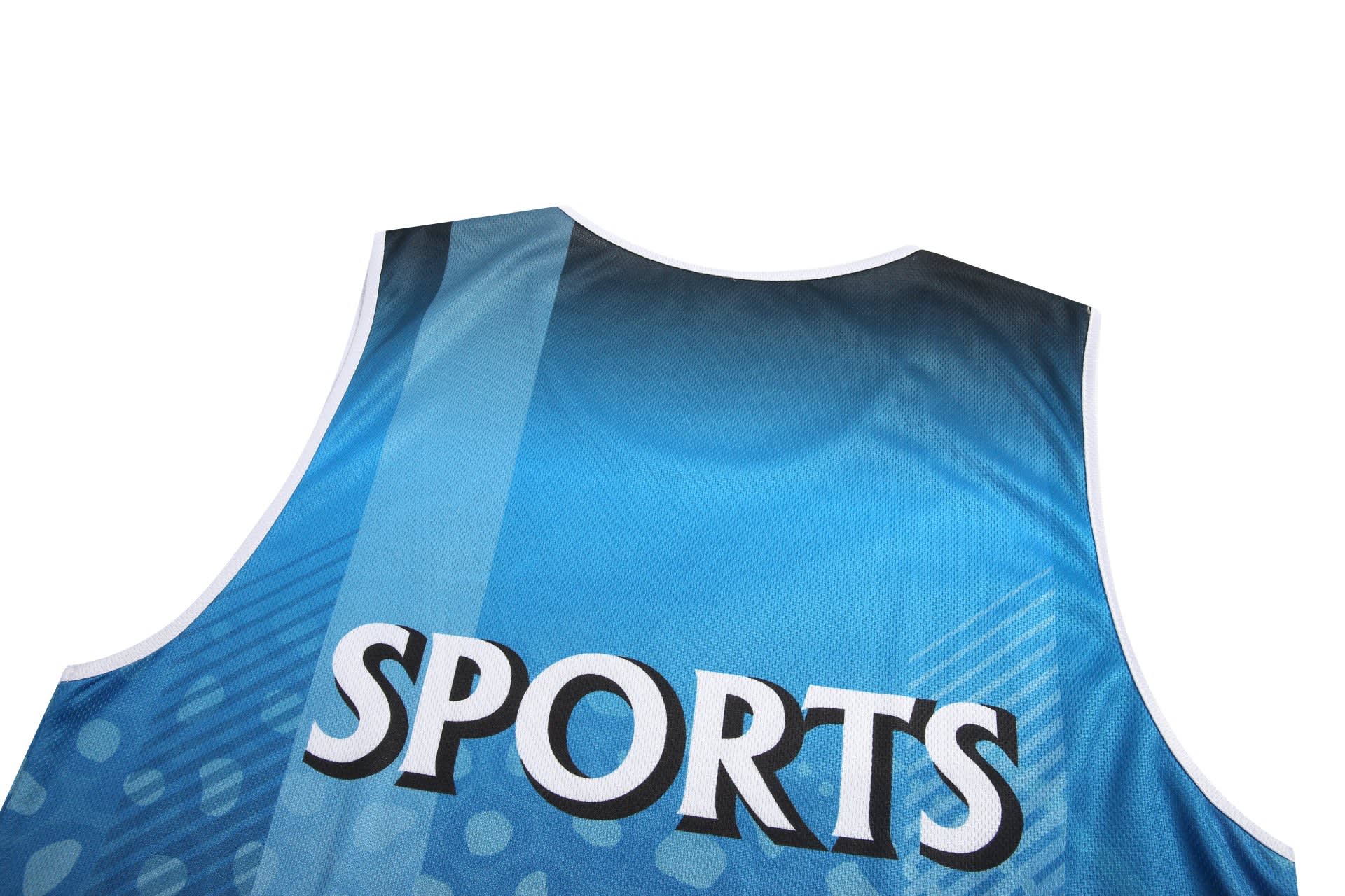 A sleeveless blue sports uniform featuring a gradient design and a logo on the back.