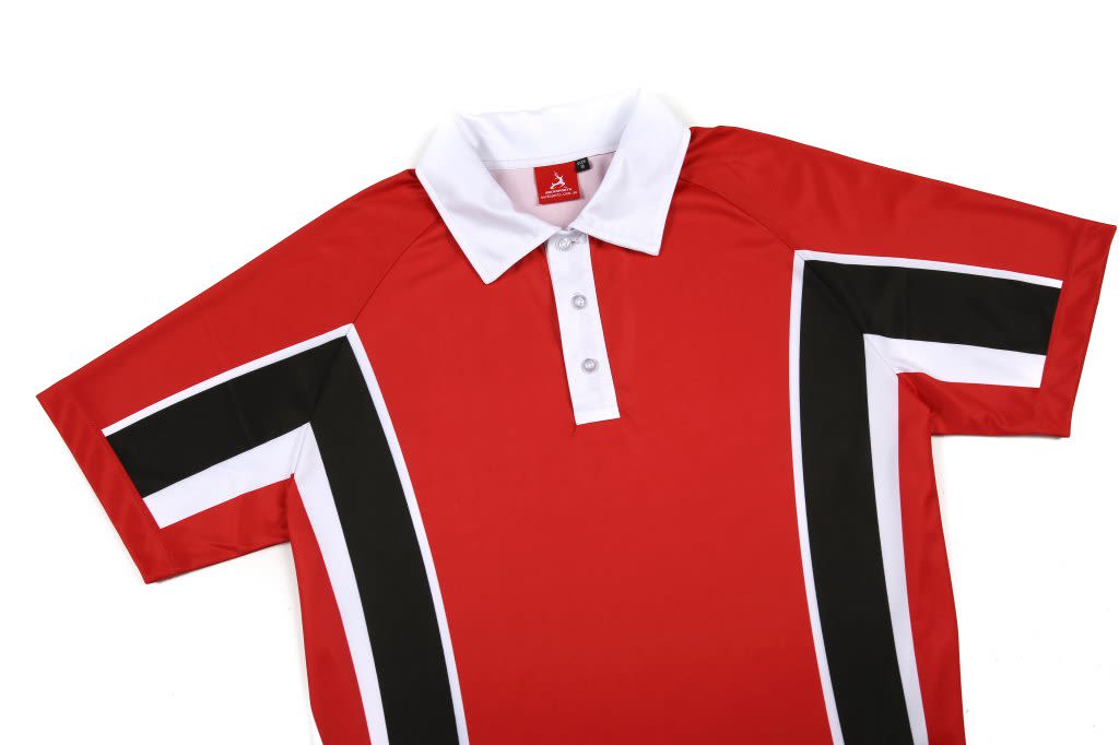 A red polo shirt featuring white and black stripes, with a collar and buttoned placket, includes a logo.