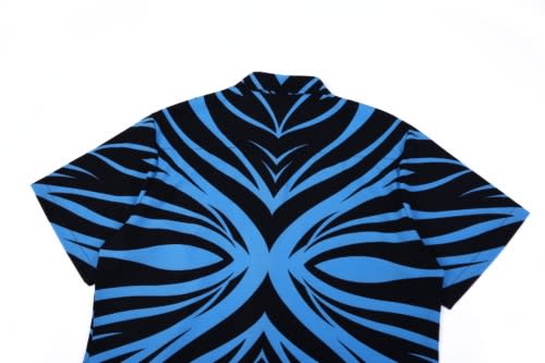 A short-sleeved shirt featuring a bold black and blue striped pattern, showcasing a vibrant design on the back.