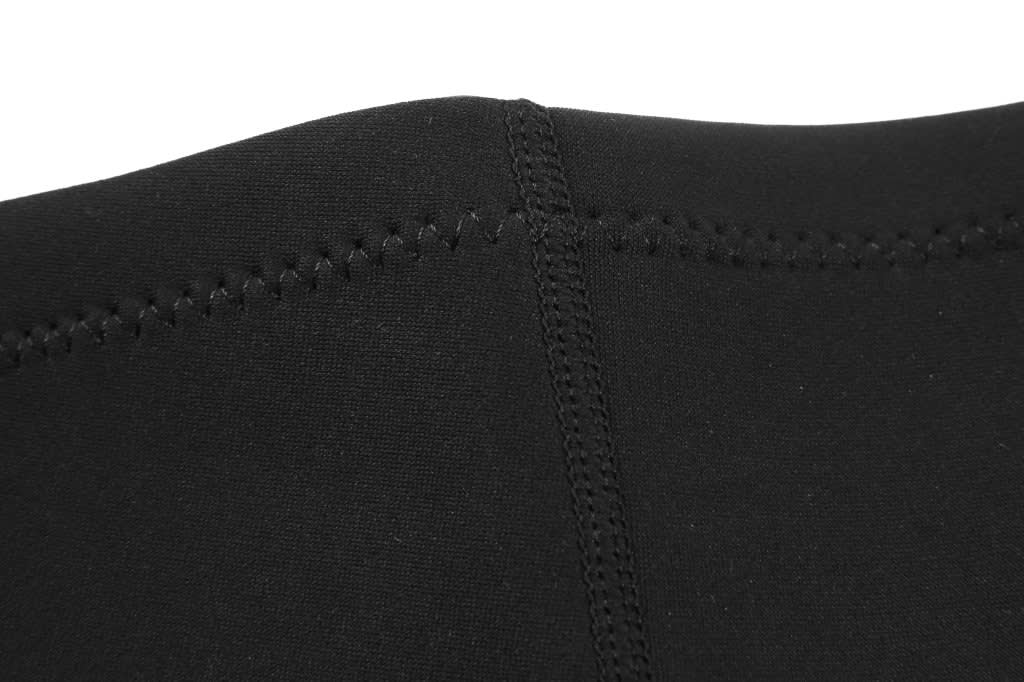 A close-up of a black swimming suit featuring stitching details. The texture is smooth and stretchy.