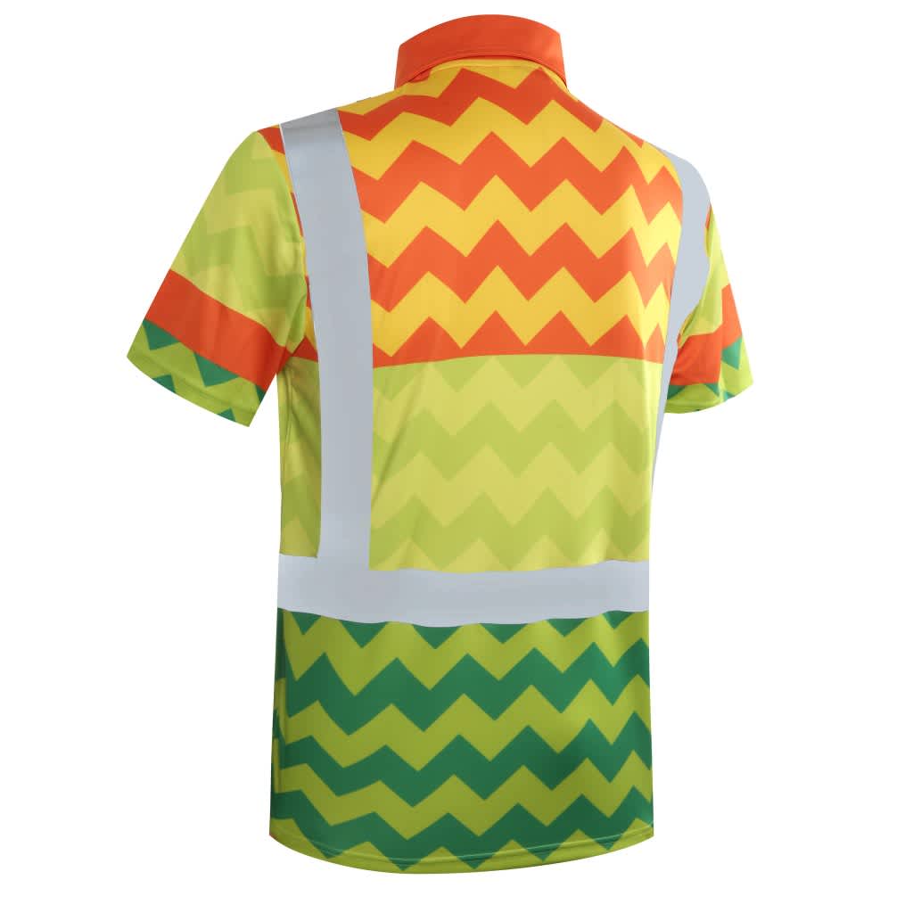 A reflective safety work shirt featuring zigzag patterns in green, yellow, orange, and red with reflective tape accents.