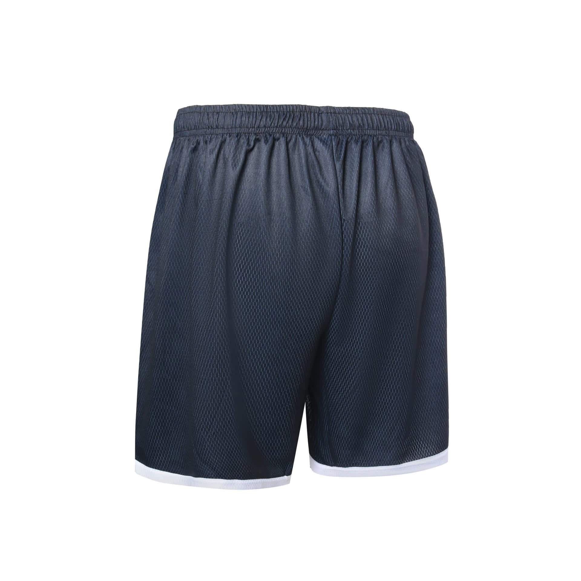Dark blue soccer shorts with a mesh fabric and white trim along the hem, featuring an elastic waistband.