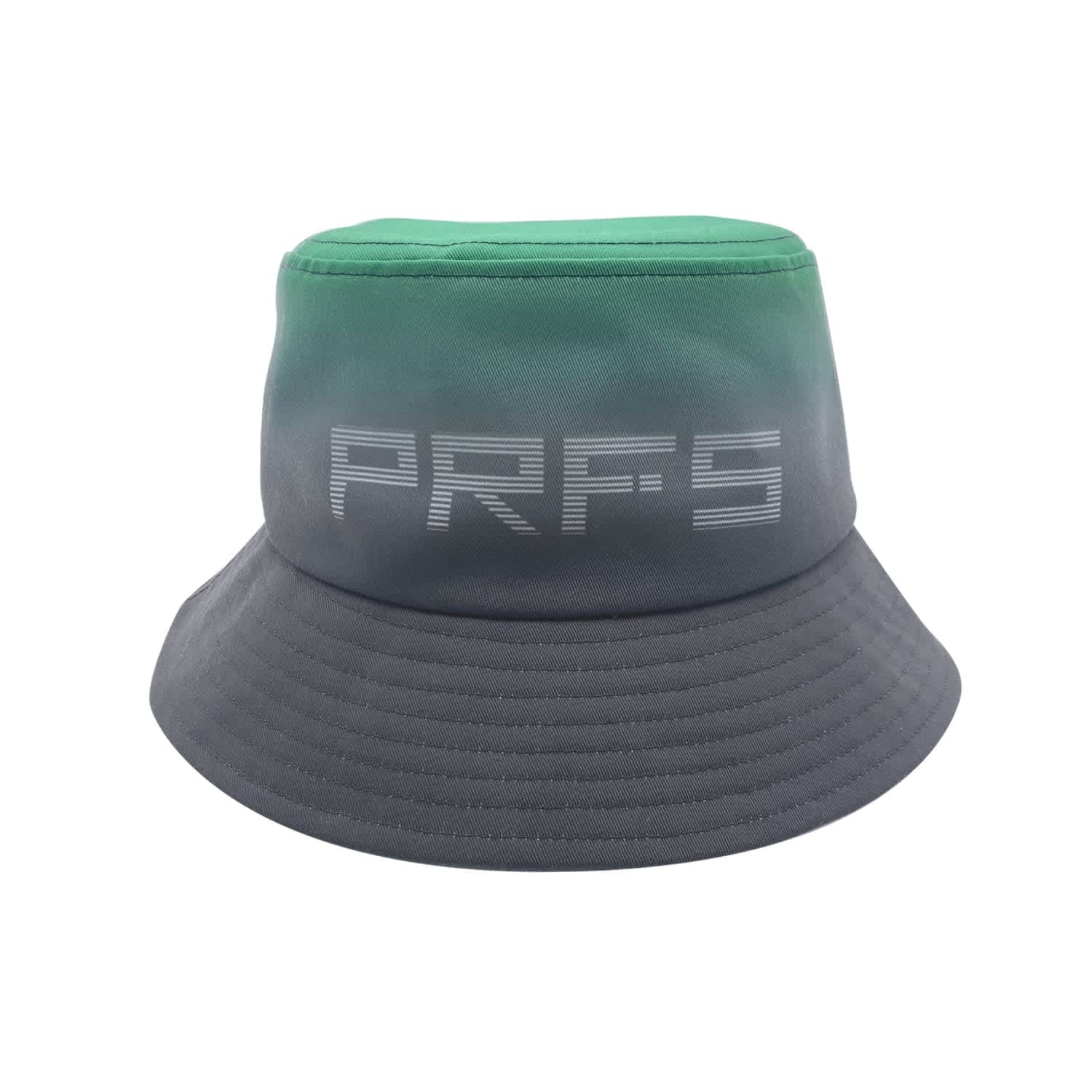 A green and grey sublimated bucket hat featuring a logo on the front.