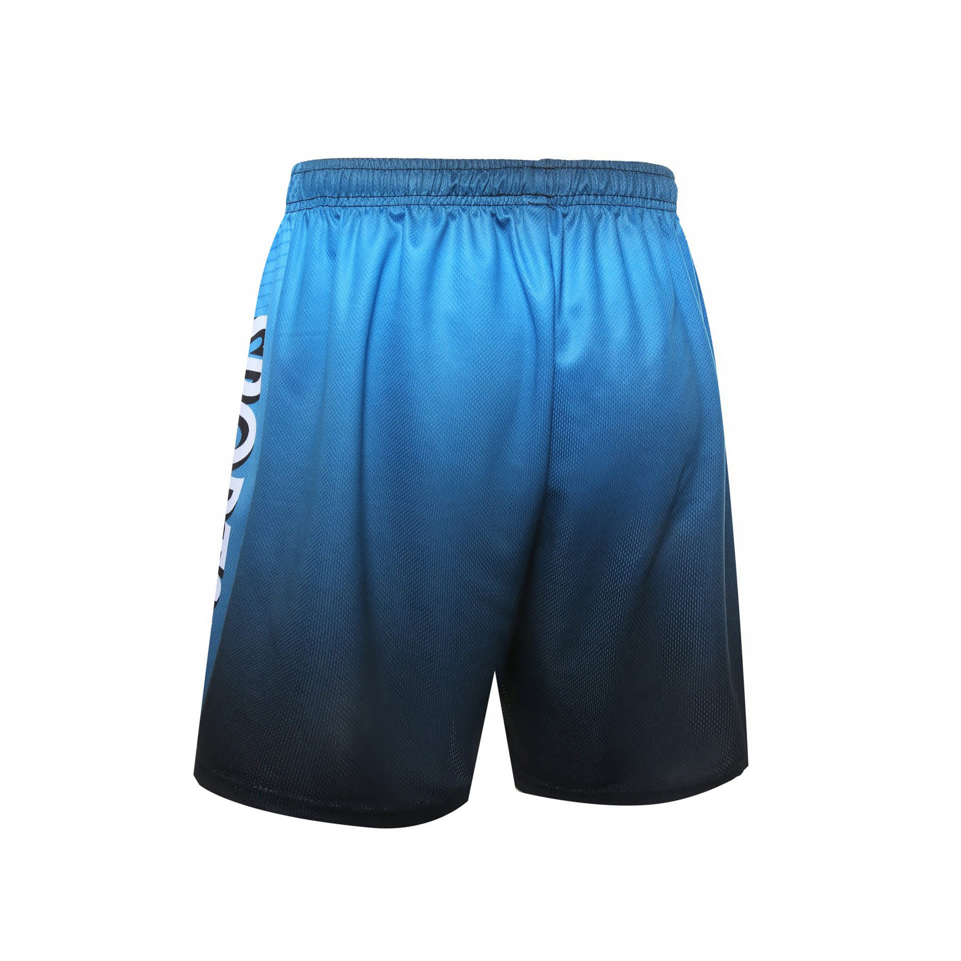 Blue and black gradient mesh shorts featuring a branded logo on the side. Suitable for active wear.