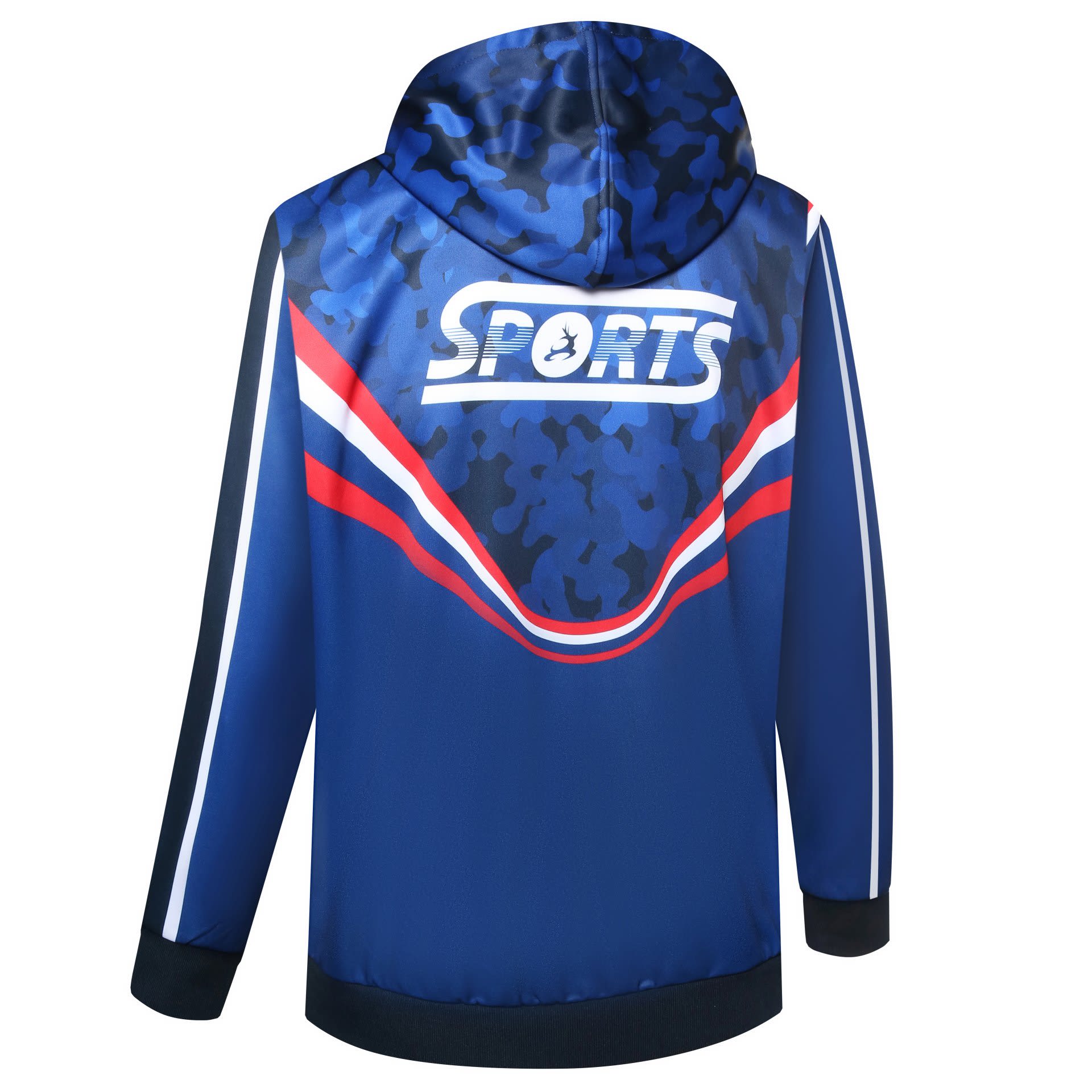 A blue hoodie featuring a camouflage pattern, with red and white stripes and a logo on the back.