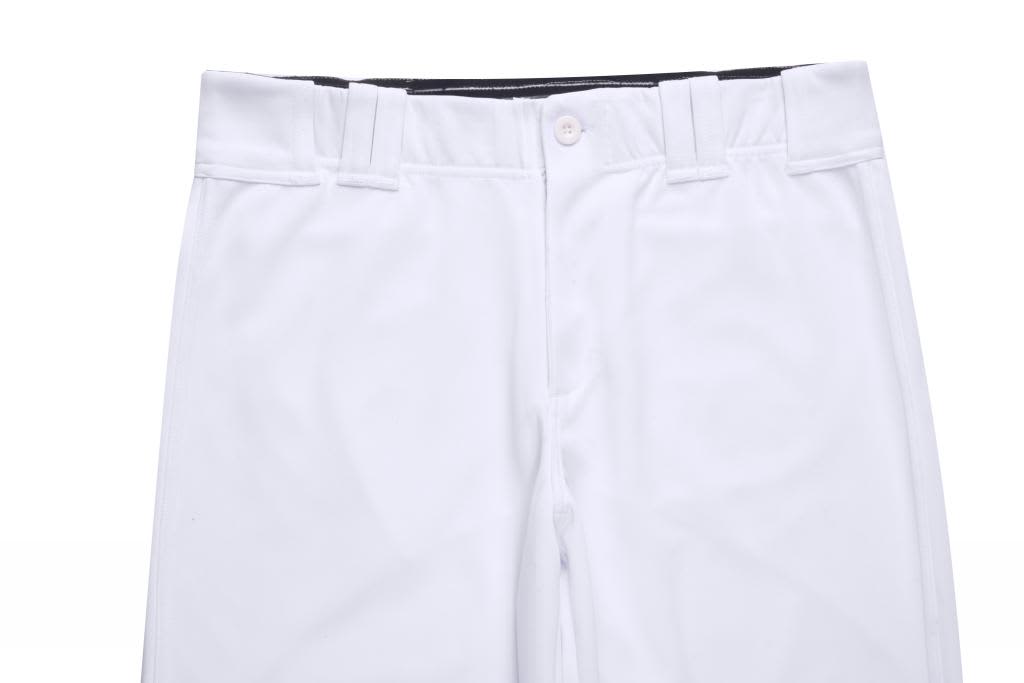 A white pair of baseball/cricket pants with a button closure and waistband. The design is simple with no visible logos.