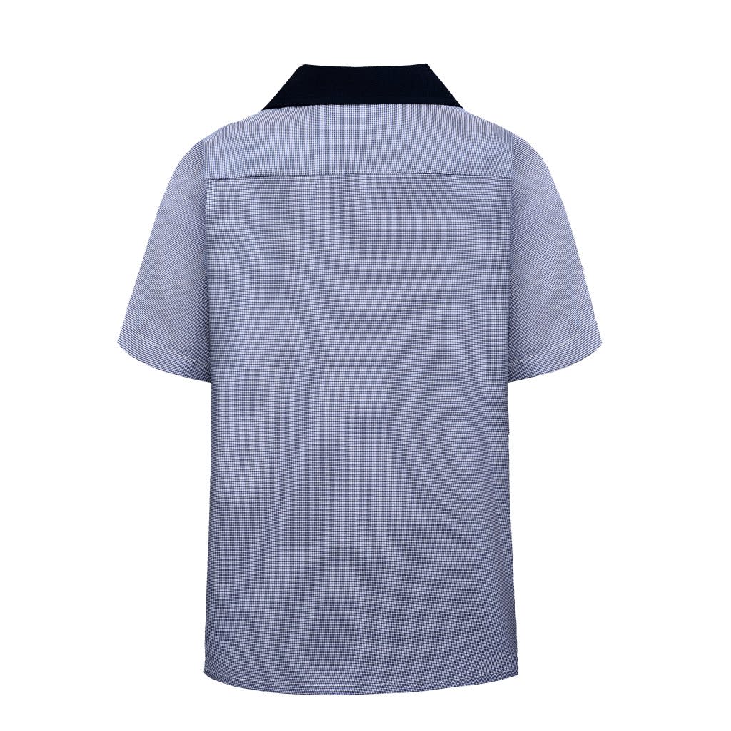 A short-sleeved boys' shirt in a checkered design, featuring a dark collar and a subtle pattern.